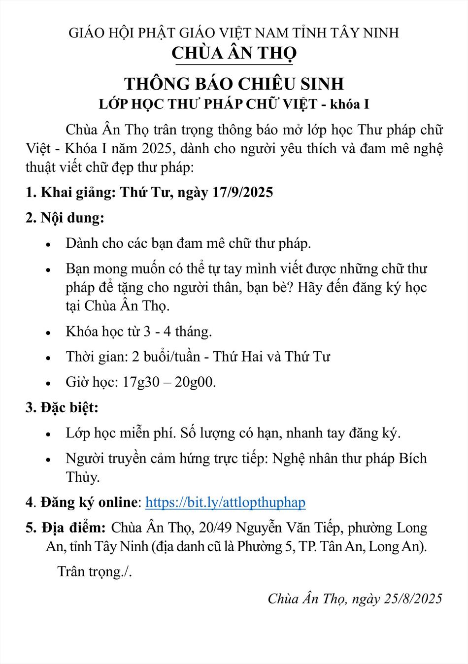 THÔNG BÁO CHIÊU SINH LỚP HỌC THƯ PHÁP CHỮ VIỆT - khóa I
